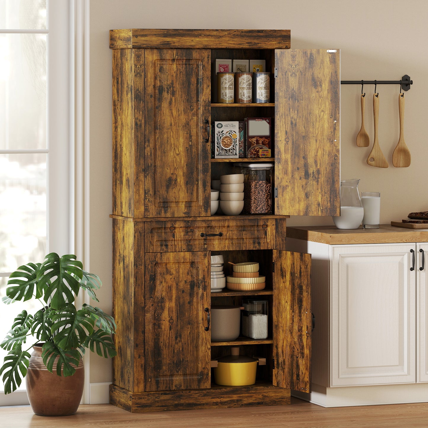 Zirolu 180cm Wooden Brown Tall Kitchen Pantry Cabinet with Drawer And Storage Shelves