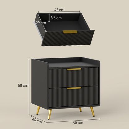 Vevele Black Elegant 2 Drawer Ribbed Bedside Table with Gold Accents