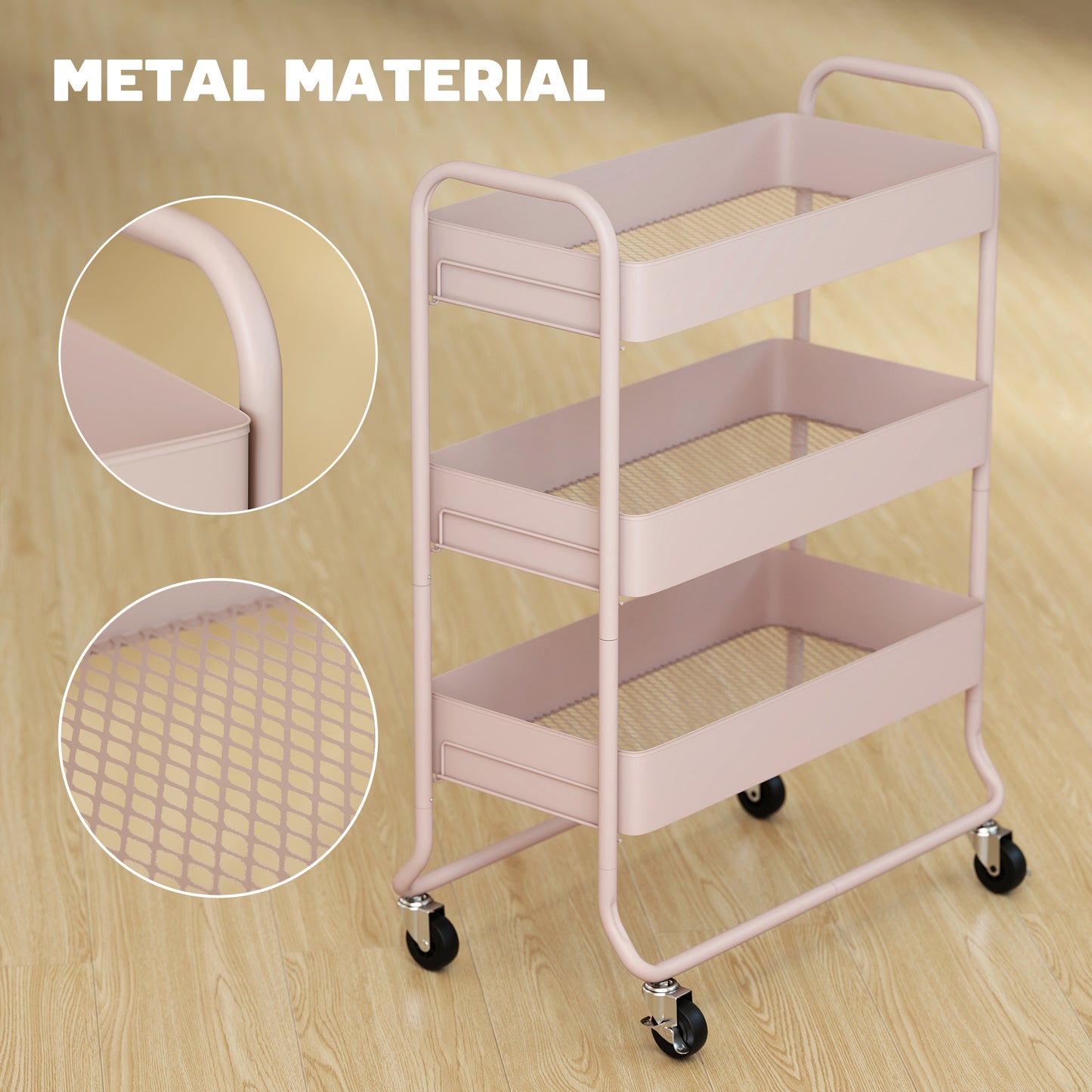 Noluli Doha Metal Light Pink 3 Tier Rolling Utility Trolley With Mesh Baskets
