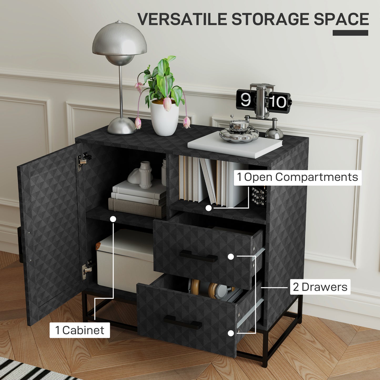 Zimaka Black Retro Sideboard With Open Compartment 2 Drawers 1 Door