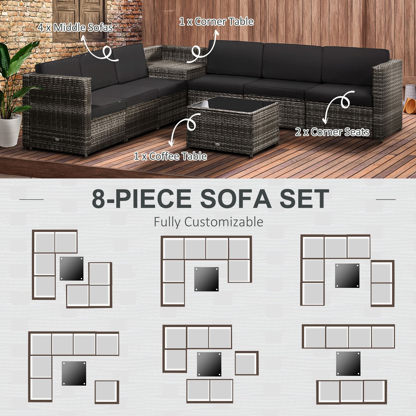 Nane Rattan Grey 6 Seater Outdoor Sofa Set with Coffee Table Glass Top Black Cushions