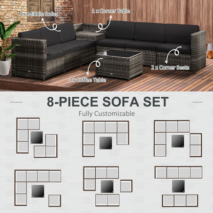 Nane Rattan Grey 6 Seater Outdoor Sofa Set with Coffee Table Glass Top Black Cushions
