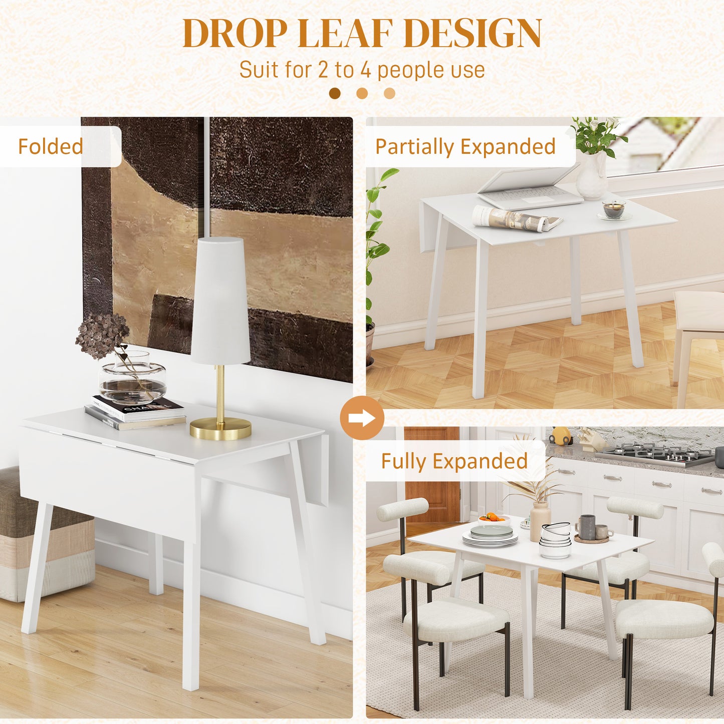 Hopato Solid Wood White Folding Drop Leaf Dining Table Seating 2 To 4