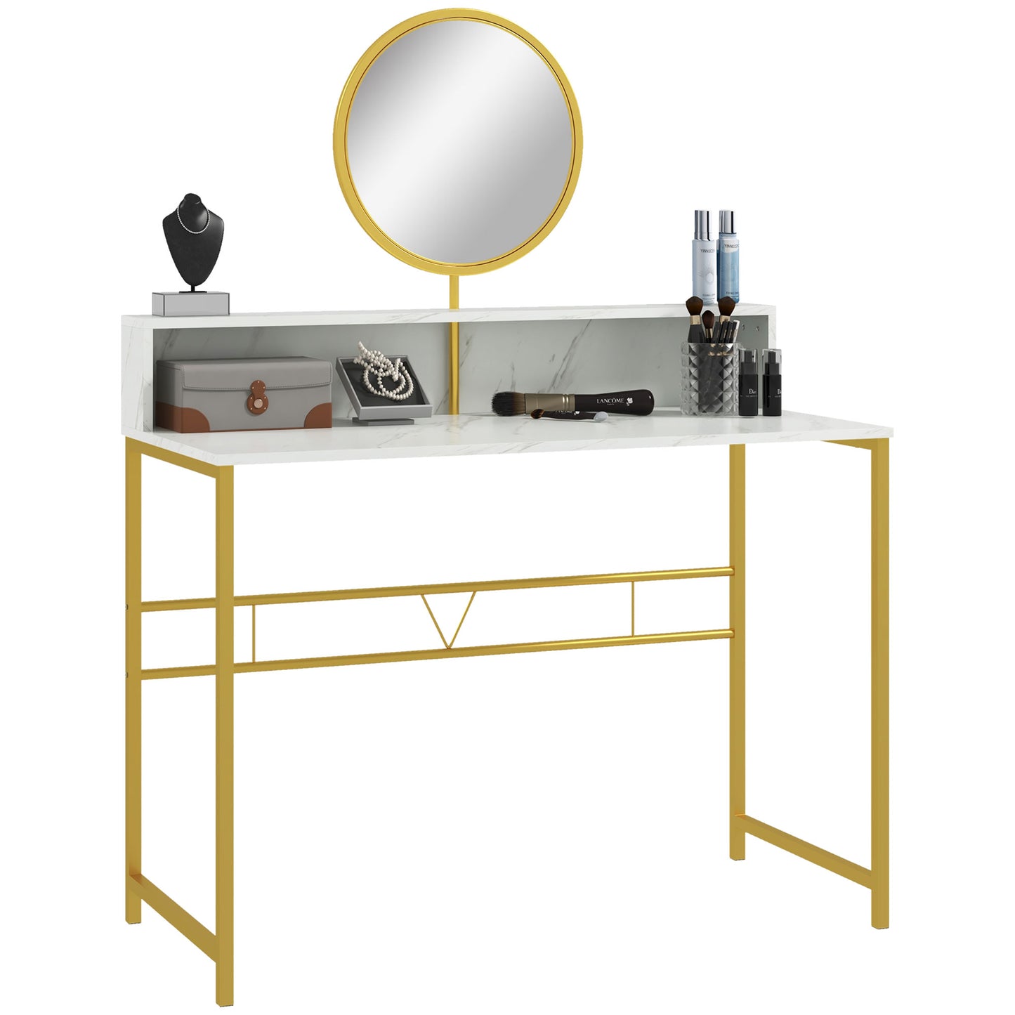 Toel White Faux Marble Dressing Table With Round Mirror Steel Frame And OFauxn Storage
