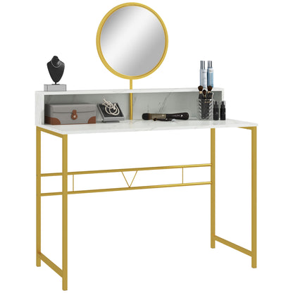 Toel White Faux Marble Dressing Table With Round Mirror Steel Frame And OFauxn Storage