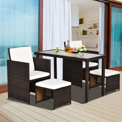 Nevani Rattan Brown 2 Seater Cube Garden Dining Set With Armchairs Stools And Rectangular Glass Table