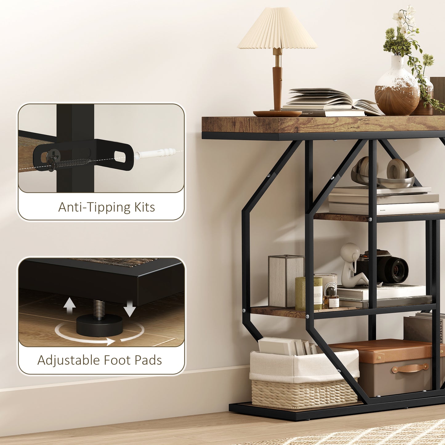 Reello Metal And Wooden Rustic Brown 4 Tier Industrial Console Table