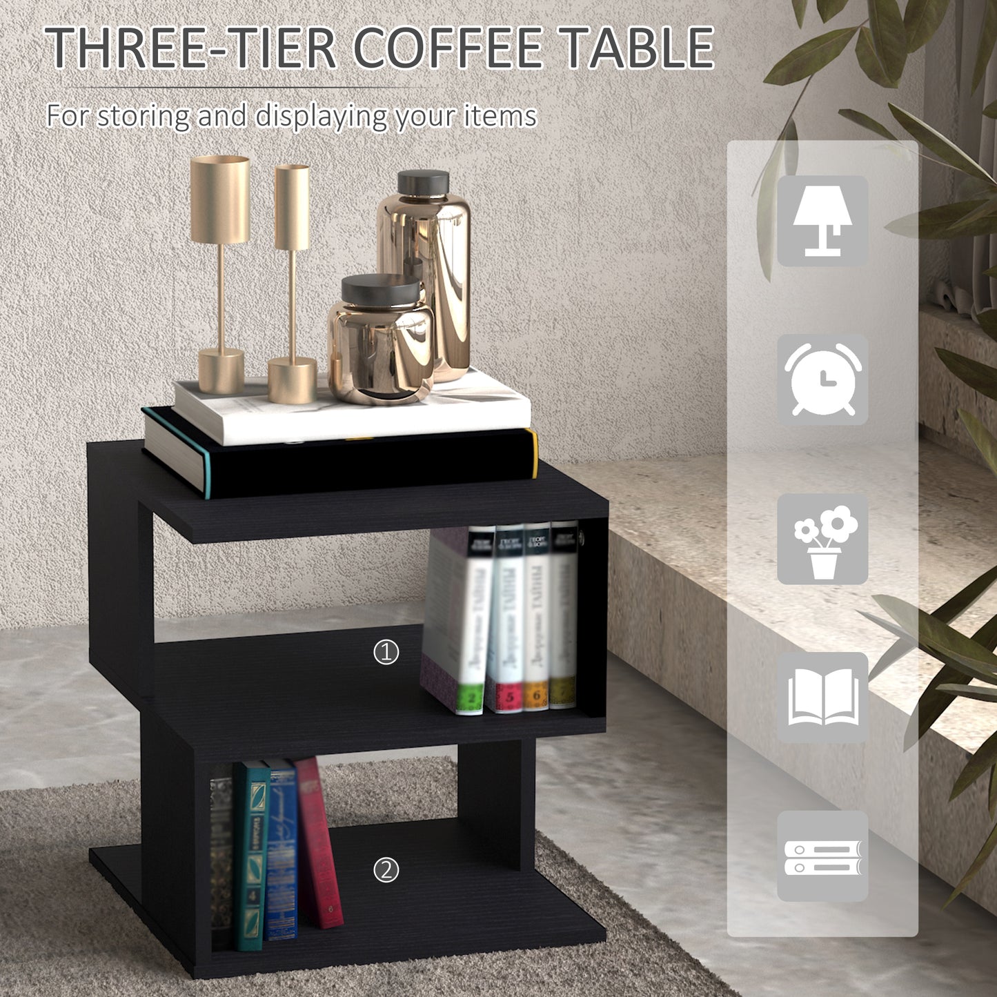 Moyofa Wooden Black Square Side Table With 2 Tier Storage