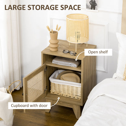 Vini Raba Natural Wood Bedside Table With Rattan Drawer and Door