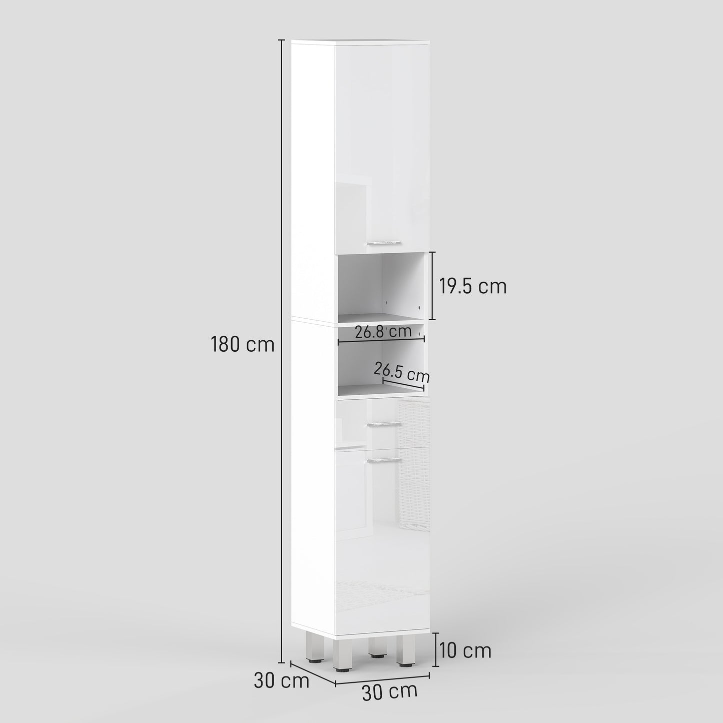 Secoli Tall Slim High Gloss White Storage Cabinet With Drawers Shelves And Double Doors