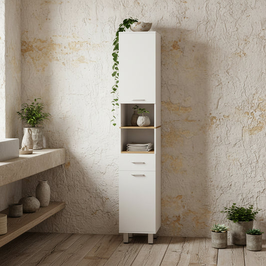 Secoli Tall Slim High Gloss White Storage Bathroom Cabinet With Drawers Shelves And Double Doors