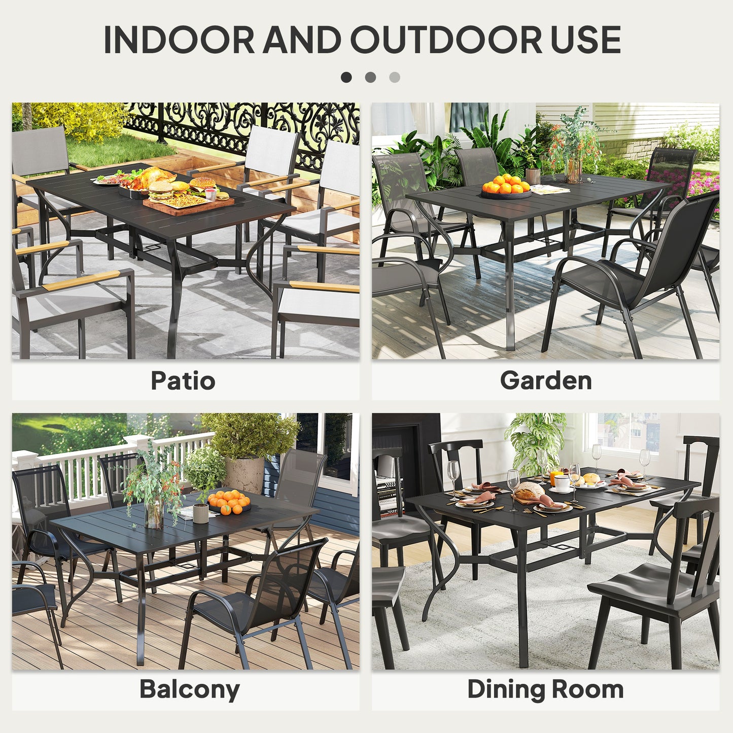 Ludo 150cm Steel Black Rectangular Garden Dining Table With Slatted Top And Parasol Hole