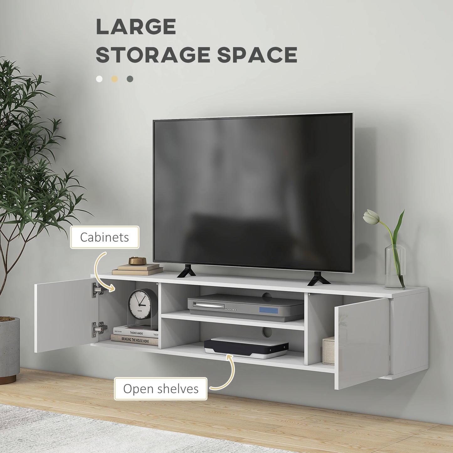 Lumipa 140cm High Gloss White Floating TV Stand With Open Shelves And Doors For Screens Up To 60 Inches