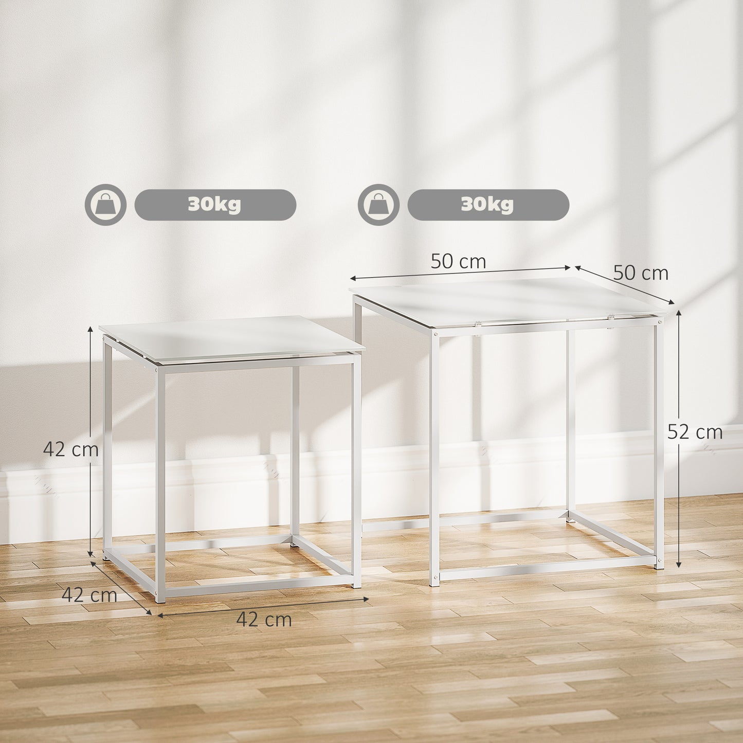 Lenoni Metal And Glass White Set Of 2 Nesting Coffee Tables With TemFauxred Glass Tops