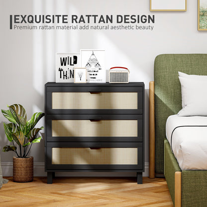 Yorami Wood And Rattan Black 3 Drawer Boho Storage Chest