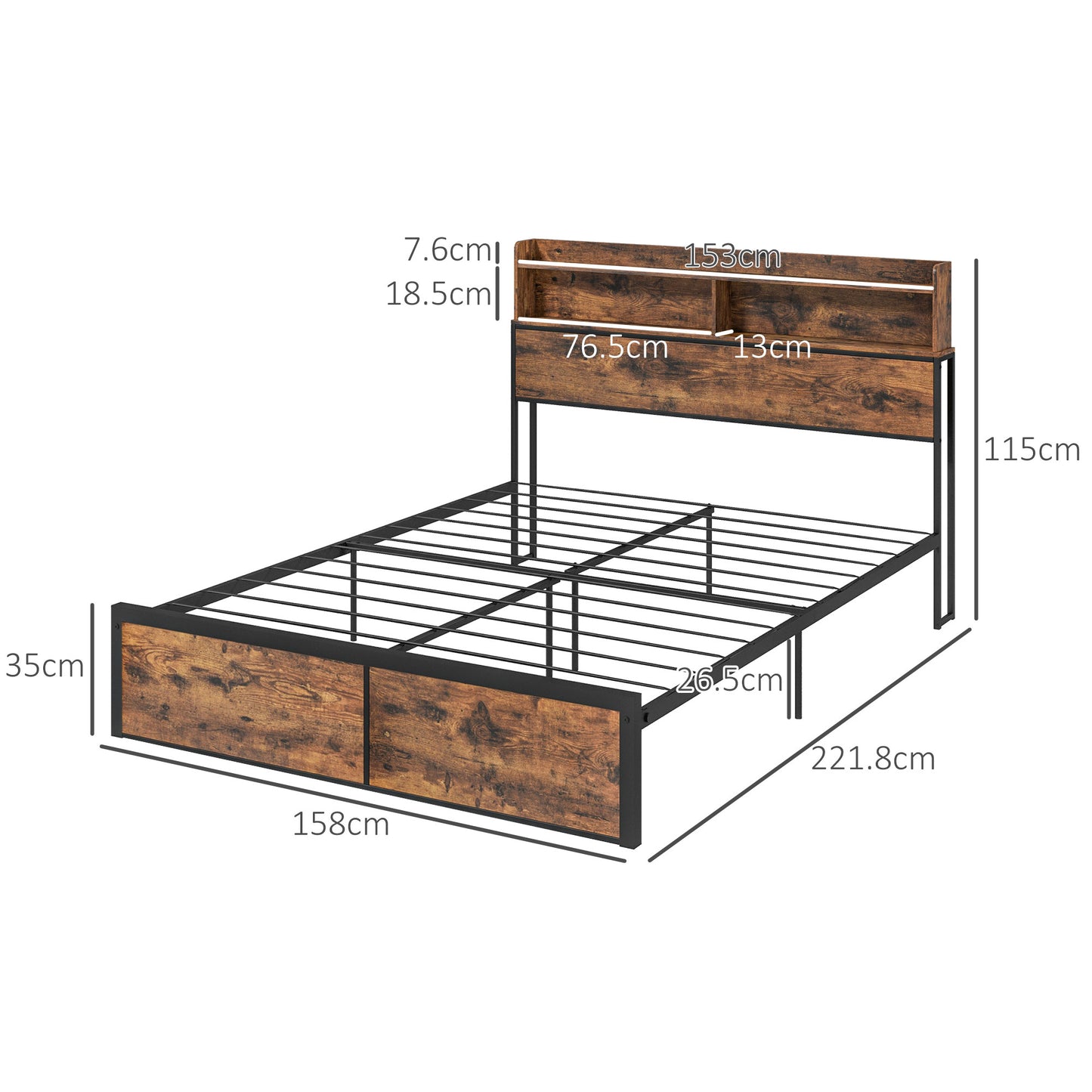 Selofa 5FT2 Brown and Black Metal Industrial King Bed Frame with Shelves