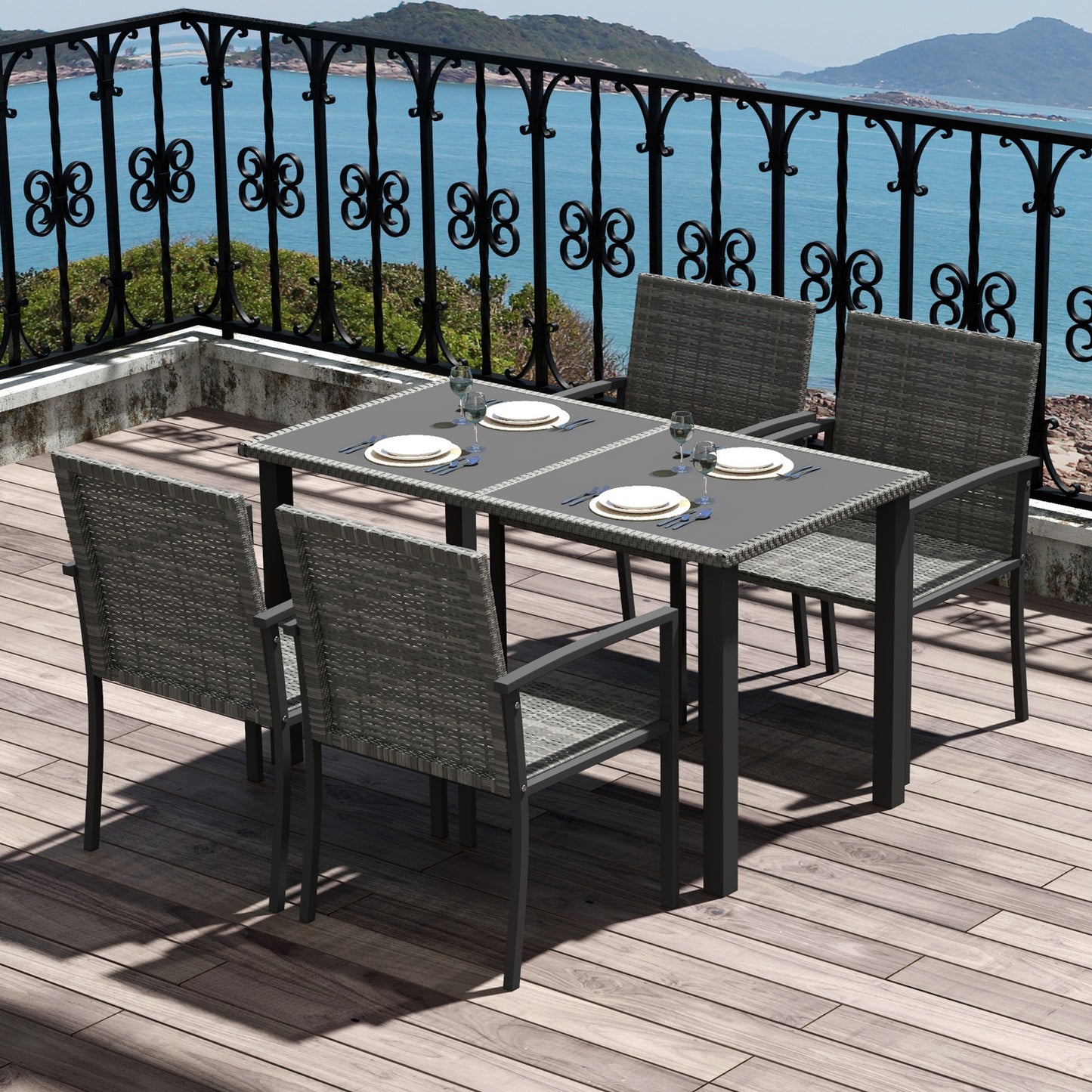Pakeri Dark Grey Rattan 4 Seater Outdoor Dining Set With Tempered Glass Table And Chairs