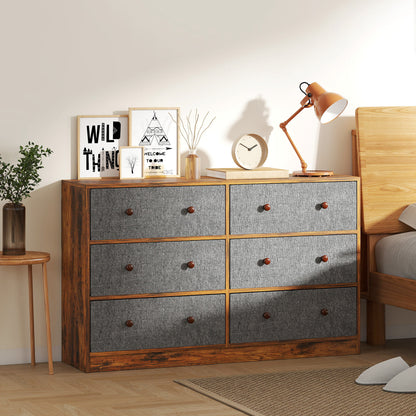 Sanovi Fabric And Wood Grey And Rustic Brown 6 Drawer Storage Dresser