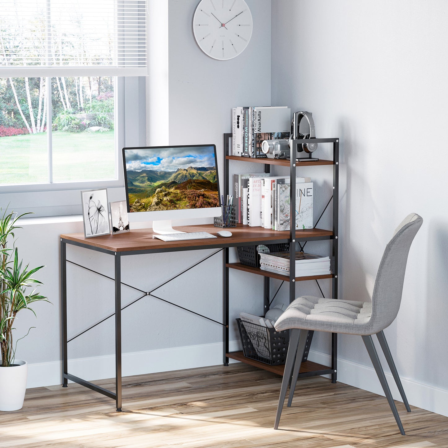 Veva 120cm Metal And Wooden Walnut And Black Reversible Industrial Desk With Side Shelving