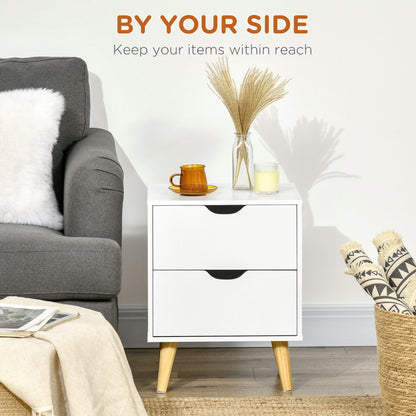 Dodomi Suke White Bedside Table With 2 Drawers And Natural Wood Legs