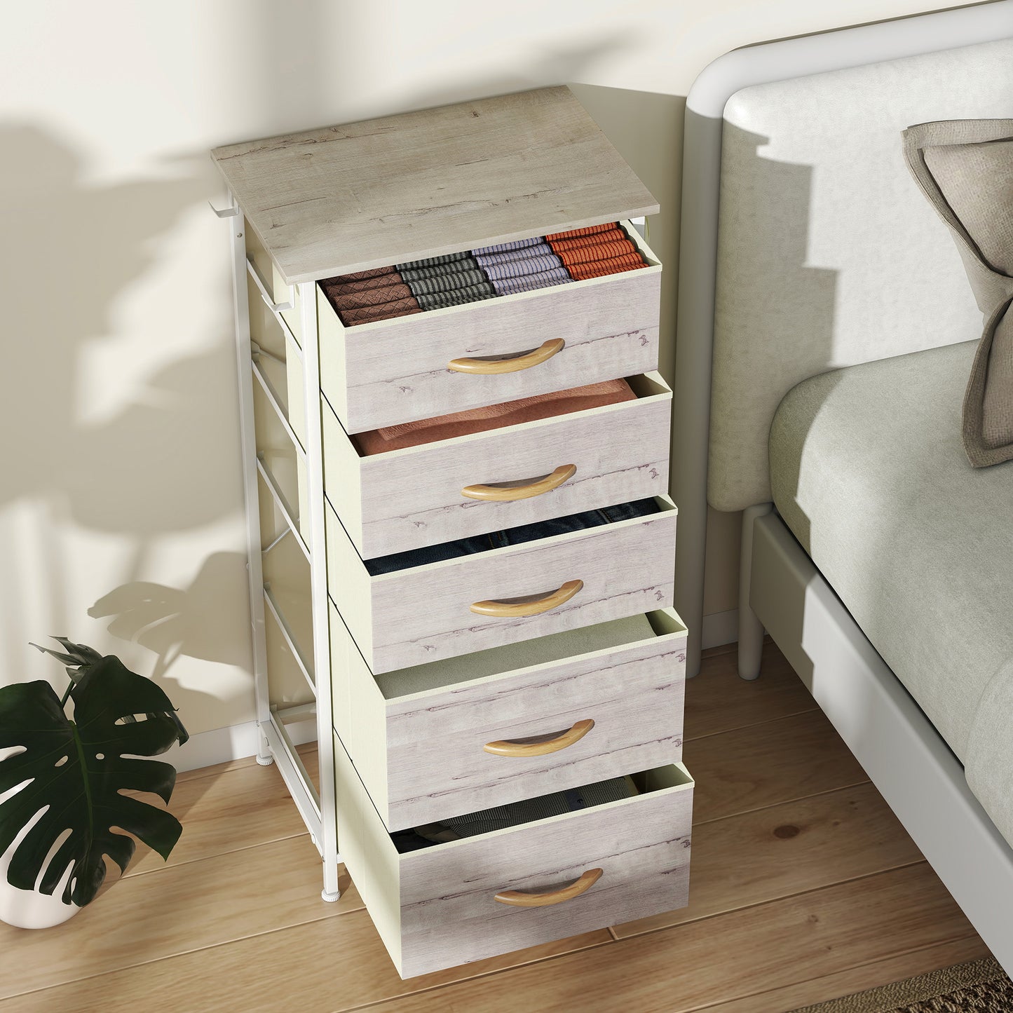 Sudo Fabric And Metal Natural Wood Finish 5 Drawer Storage Chest