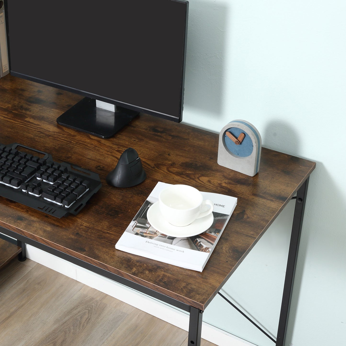 Ledo 120cm Rustic Brown And Black Reversible Industrial Home Office Desk With Side Shelving