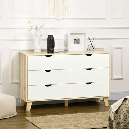 Valu Natural Wood and White Wide 6 Drawer Chest With Wooden Legs