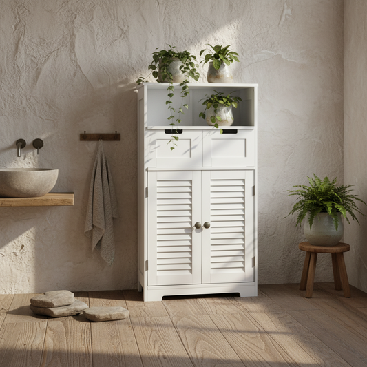 Vikese Dosu 3 Section Bathroom Storage Unit With Shelves Drawers And Cupboard White