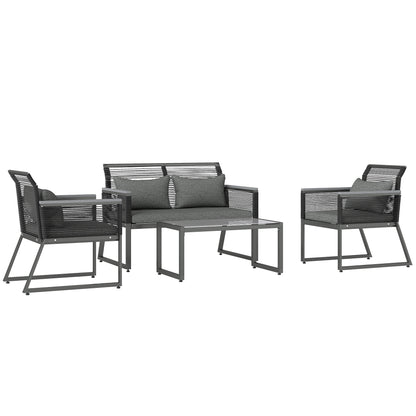 Mopafa Rattan Rope Dark Grey Seater  Piece Garden Furniture Set With Cushions