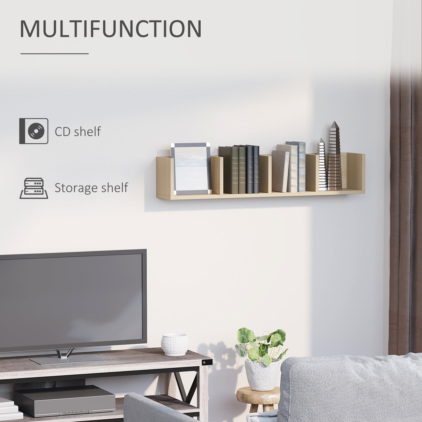 Padi Wood Natural Finish Wall Mounted Media Storage Rack With Cube Shelves