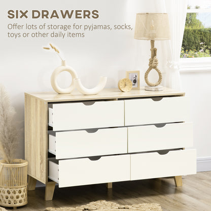 Valu Natural Wood and White Wide 6 Drawer Chest With Wooden Legs
