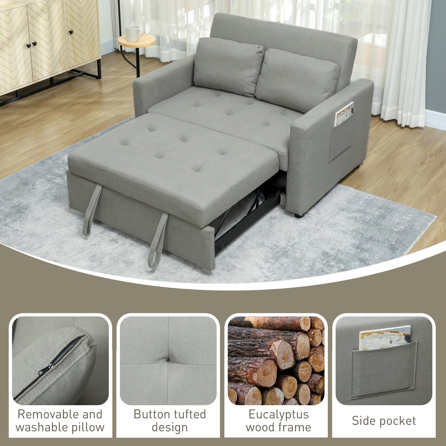 Sedisa Fabric Light Grey 2 Seater Convertible Sofa Bed With Side Pockets And Cushions