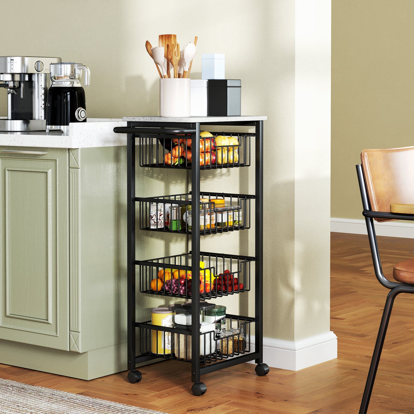 Fimado Metal Grey And Black 4 Basket Mobile Kitchen Trolley With Locking Wheels