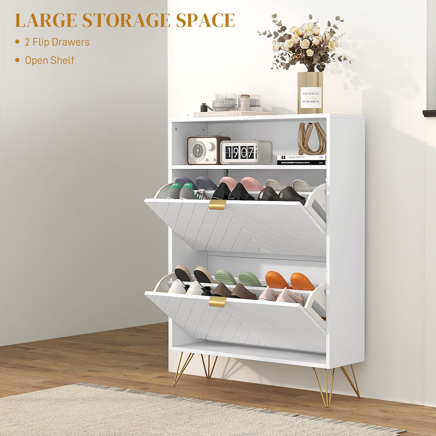 Notafa Wooden White Chevron Cabinet With Gold Accents For 12 Pairs