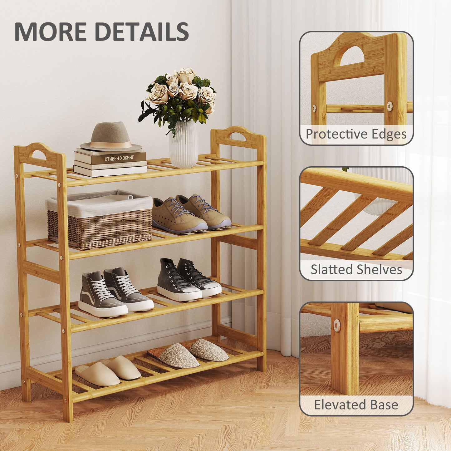 Dicove Bamboo Natural 4 Tier Freestanding Shoe Rack Slatted Shelves