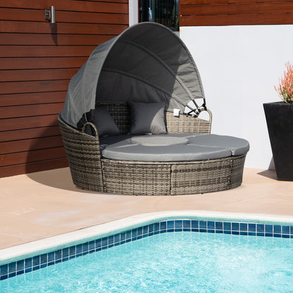 Leluri Faux Rattan Dark Grey Round Daybed Outdoor Canopy Table And Cushions