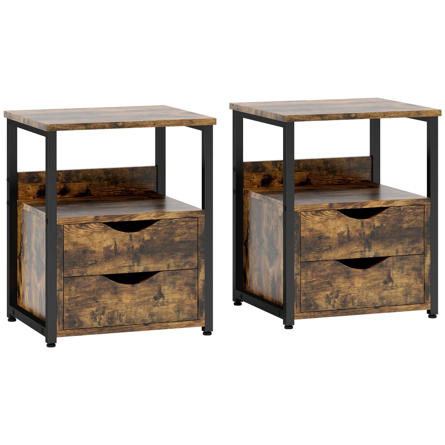 Dikedo Set Of 2 Industrial Metal And Wooden Rustic Brown Bedside Tables 2 Drawer And Shelf
