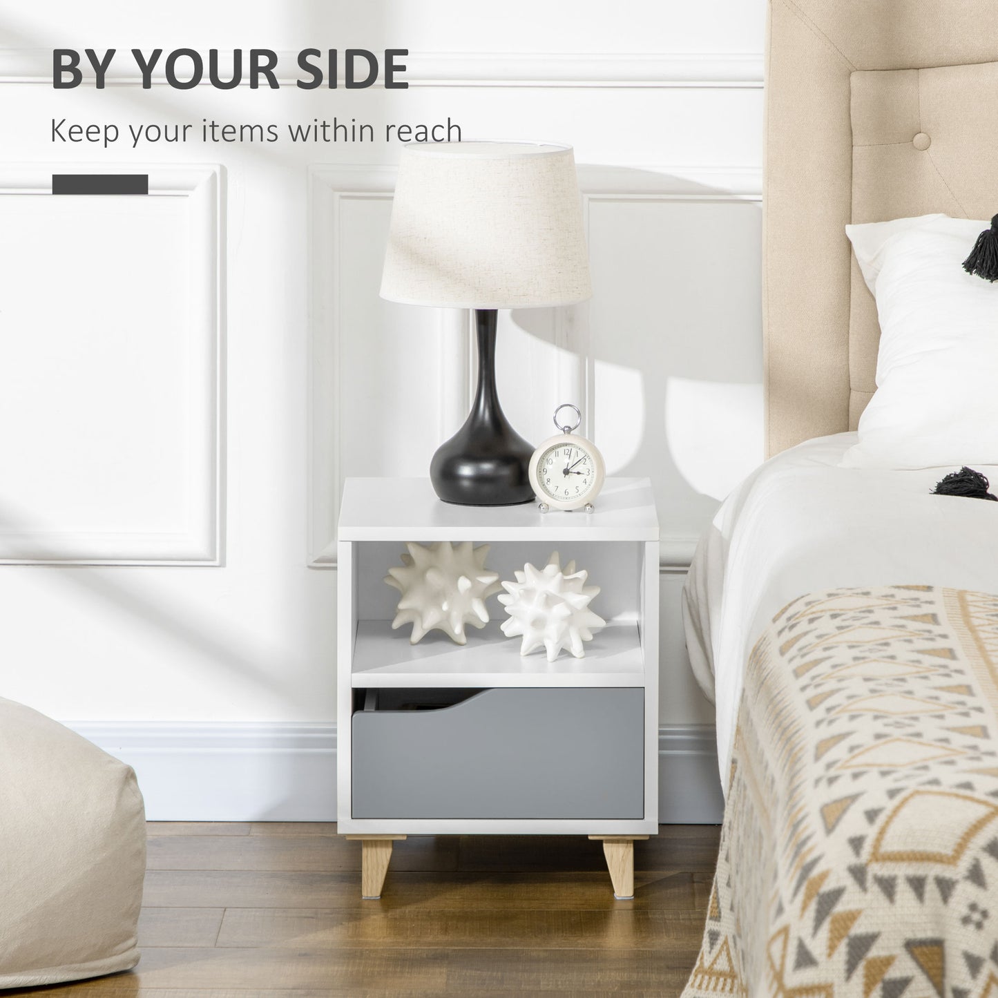 Tavimo Wooden Set Of 2 White And Grey Modern Bedside Tables With Drawer And Shelf