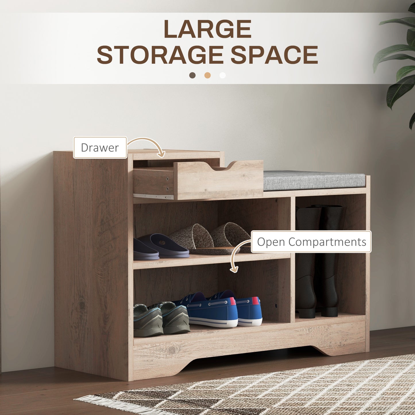 Lapa Wooden Multi Compartment Shoe Bench 1 Drawer Grey Cushioned Seat