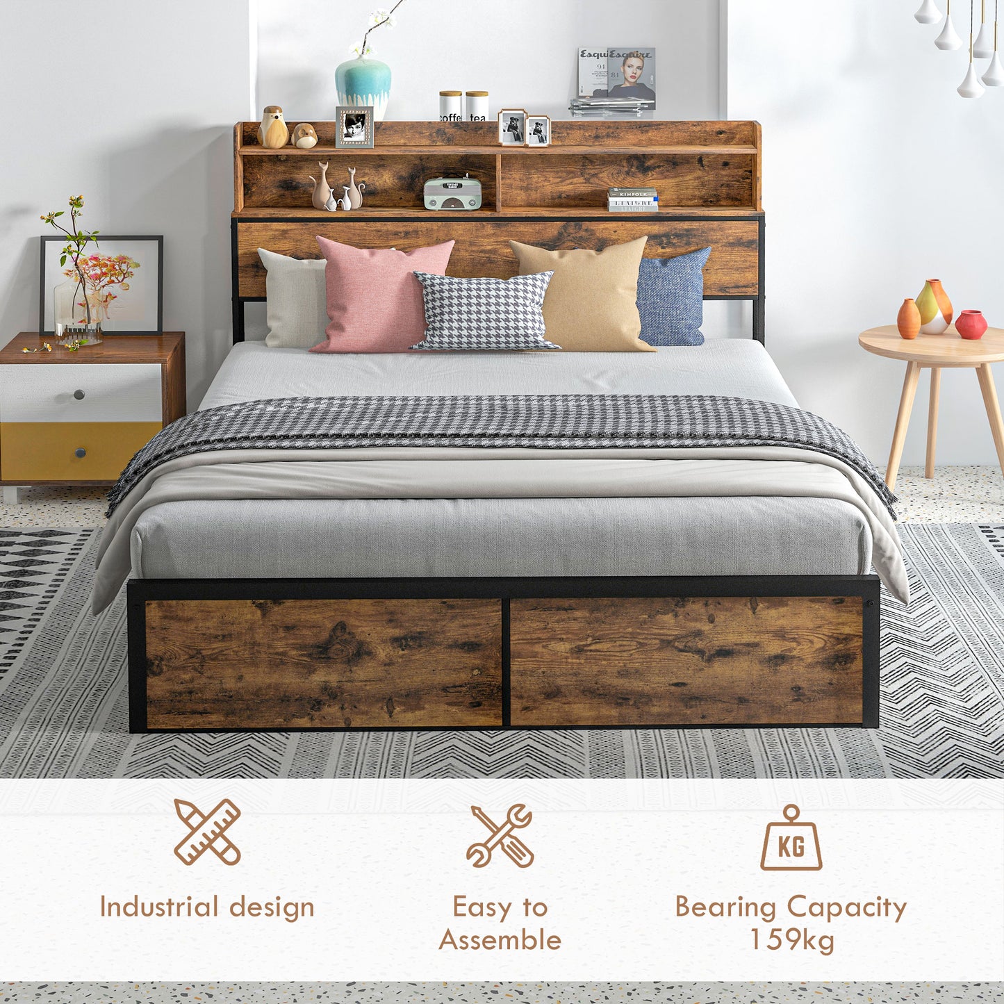 Selofa 5FT2 Brown and Black Metal Industrial King Bed Frame with Shelves