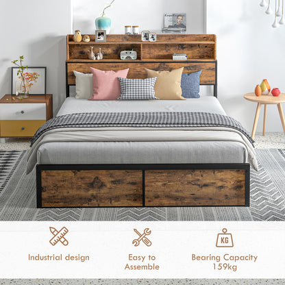 Selofa 5FT2 Brown and Black Metal Industrial King Bed Frame with Shelves