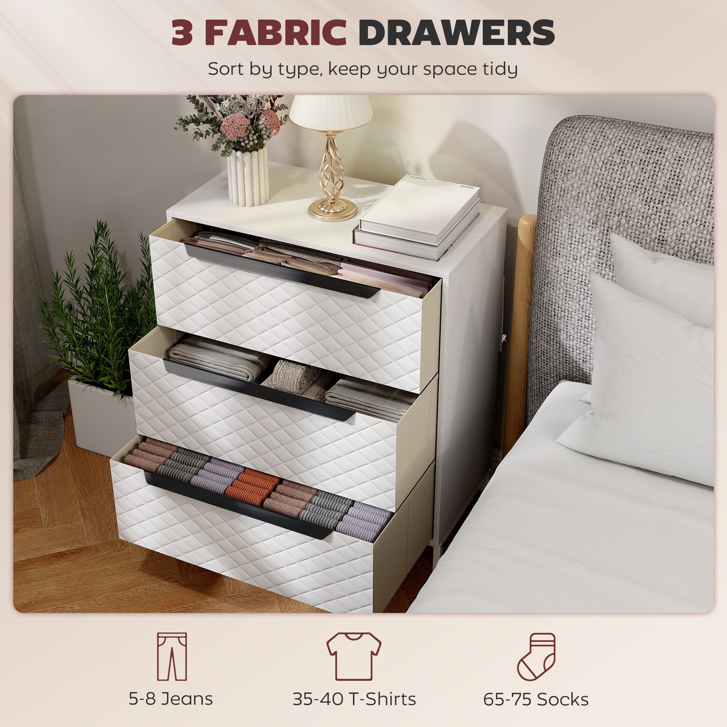 Kakara Metal White 3 Fabric Drawer Storage Dresser