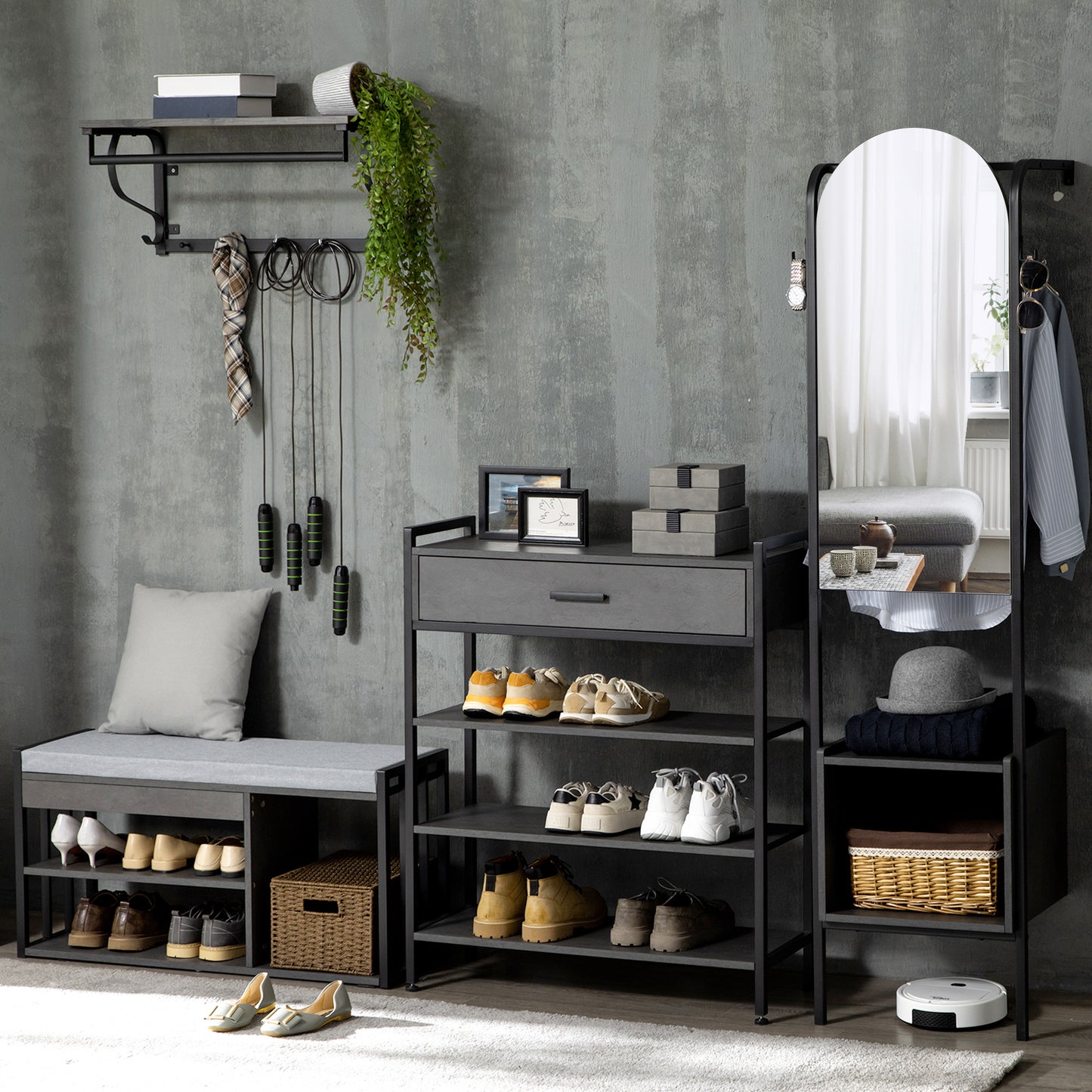 Vifava Neyo Grey Wood and Black Metal Upholstered Entryway Shoe Bench With 3 Shelves