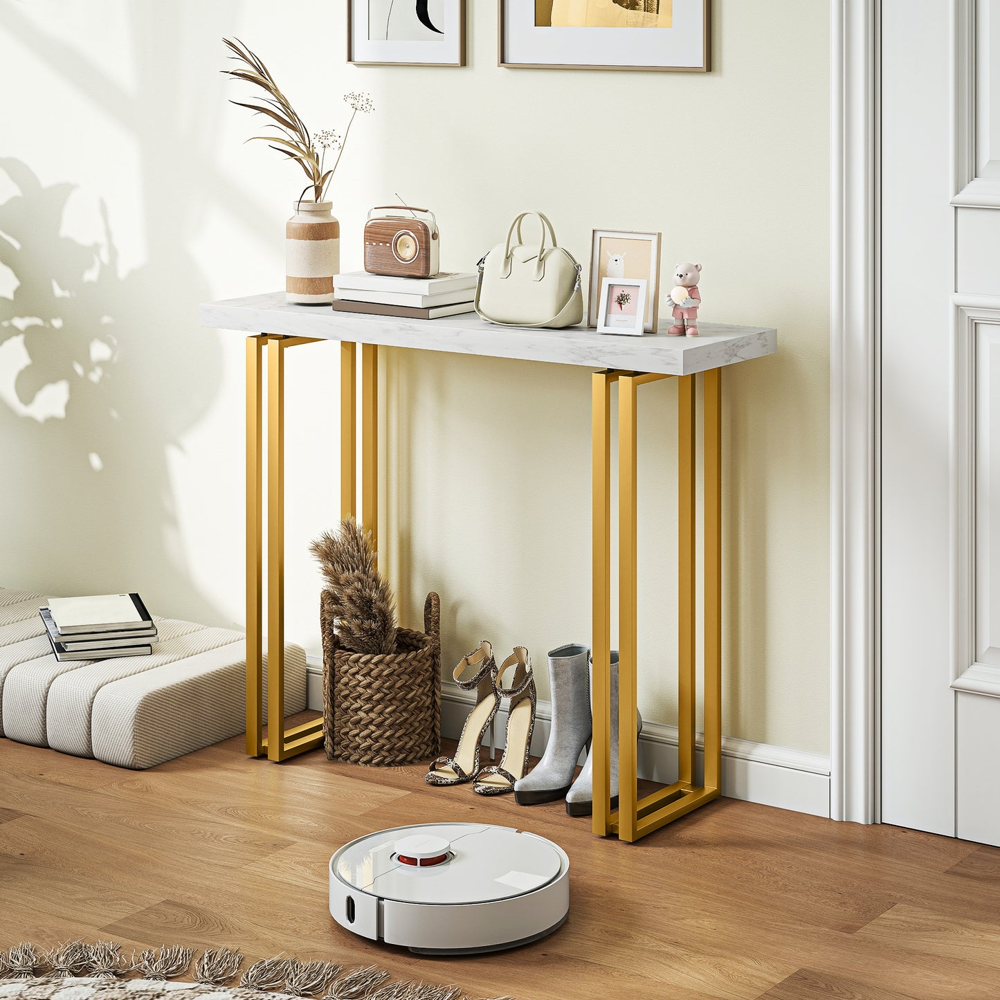 Mahota Metal And Faux Marble White Slim Entryway Console Table With Safety Bracing
