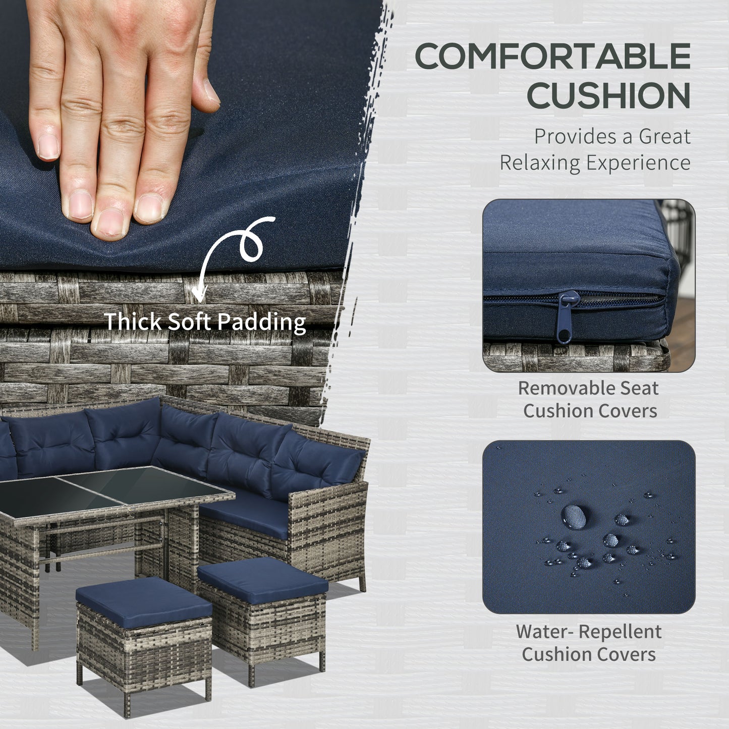 Rarapa Rattan Dark Blue 7 Seater Garden Sofa Set With Glass Table And Cushions
