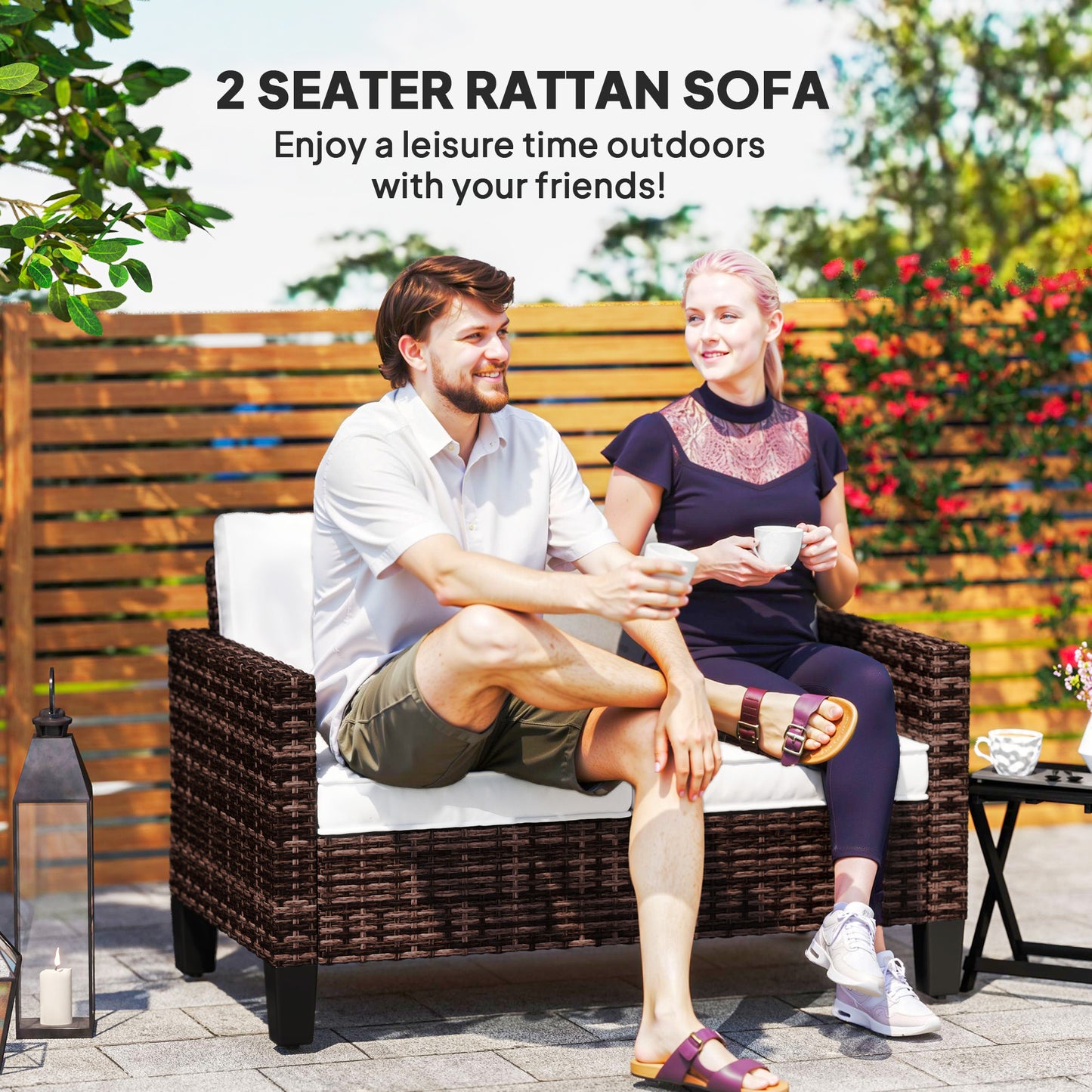 Palo Brown Rattan 2 Seater Outdoor Sofa With White Cushions