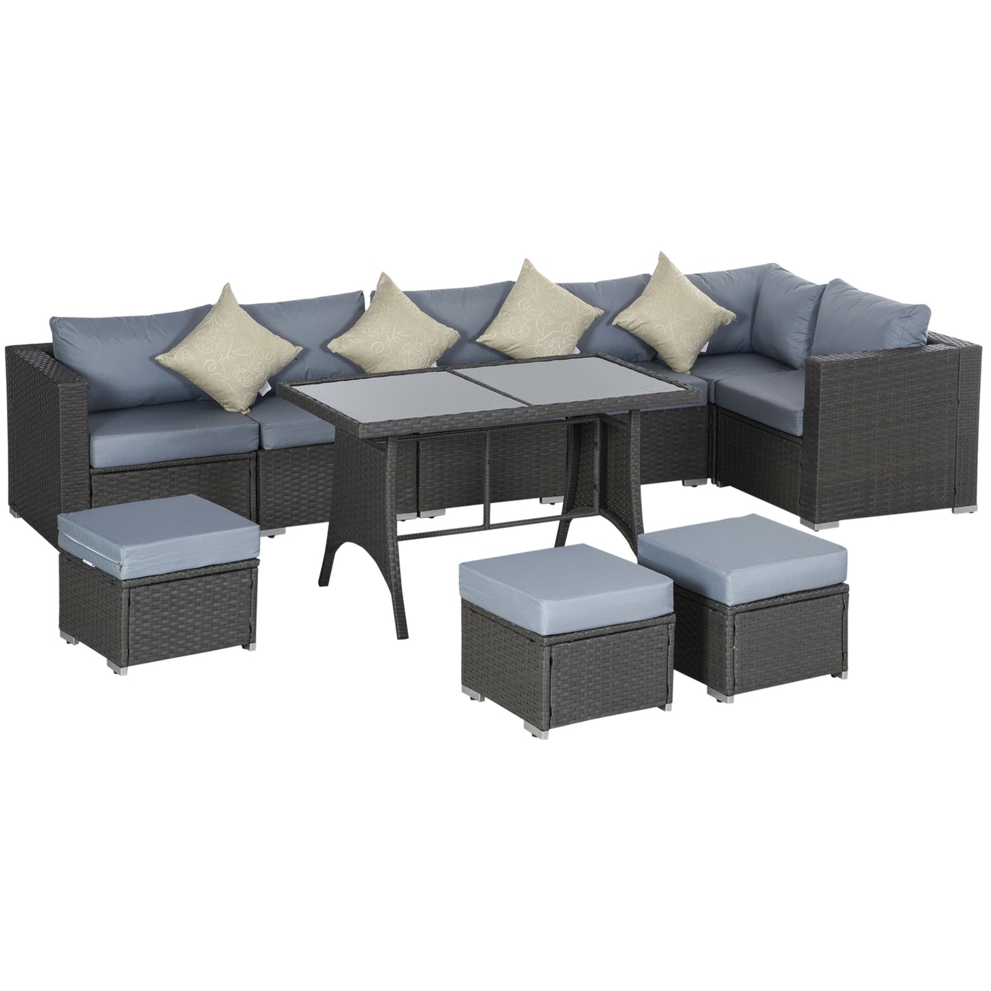 Vihatta Rattan Grey And Dusty Blue 9 Seater Outdoor Corner Dining Sofa Set