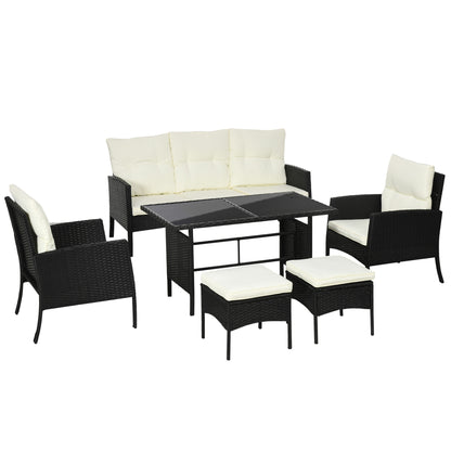 Coma 7 Seater Black and White Rattan Garden Sofa Set With Armchairs Footstools And Glass Dining Table