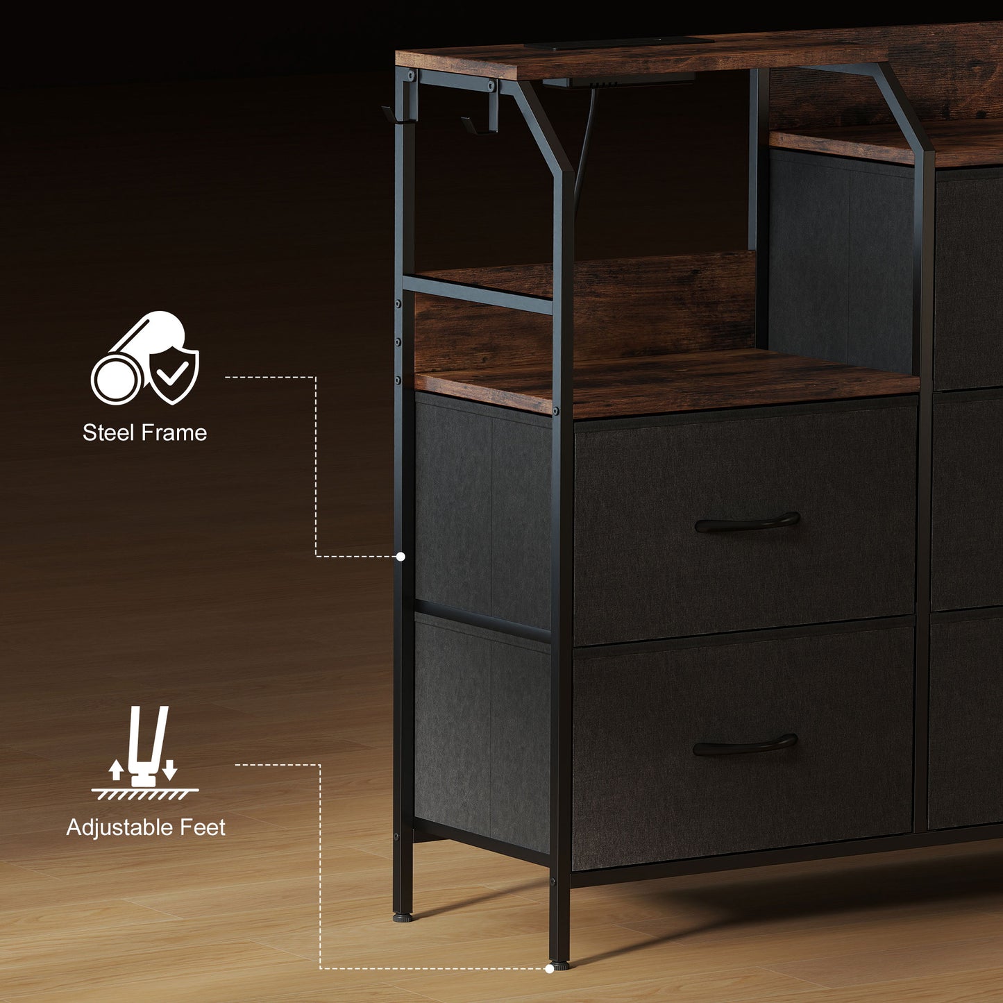 Comke Metal And Wood Brown And Black 8 Drawer Storage Chest With Integrated Charging Station