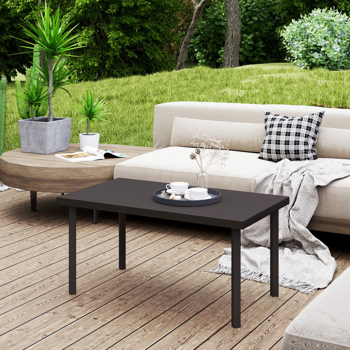 Satami Metal And Wooden Brown Outdoor Rectangular Coffee Table With Woodgrain Top
